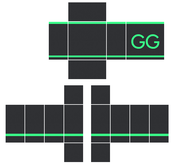 Black Roblox shirt template with neon green trim and GG on the back, 585x559