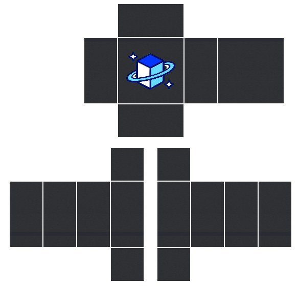 Black Roblox shirt template with a blue cube planet graphic on the chest, 585x559