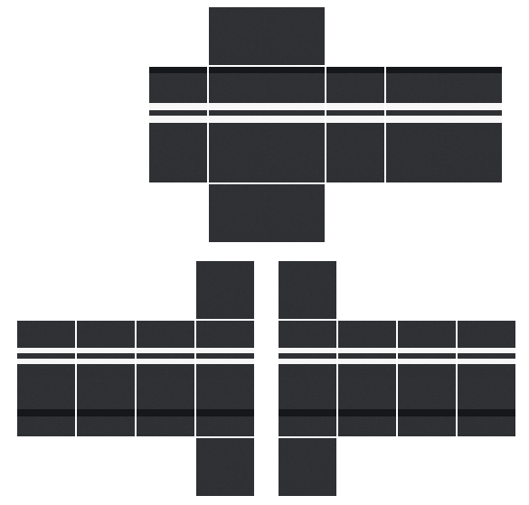 Black Roblox shirt template with two white racing stripes around the chest and sleeves, 585x559