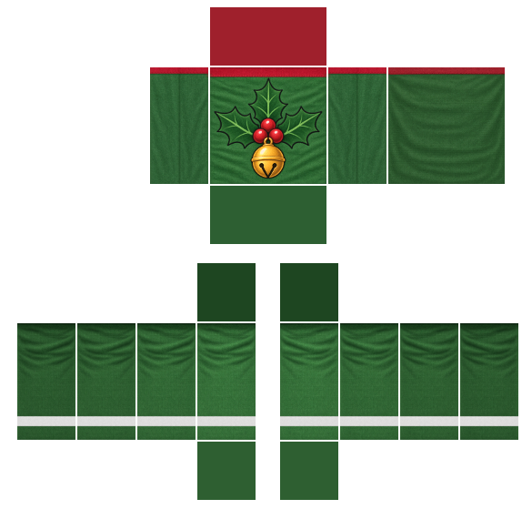Green Christmas elf tunic Roblox shirt template with red and white trim and a holly sprig with a gold bell on the front