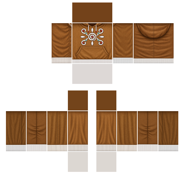 Gingerbread brown Christmas cookie hoodie Roblox shirt template with a painted hood on the back, a kangaroo pocket and drawstrings on the front, and a decorative icing swirl emblem above the pocket