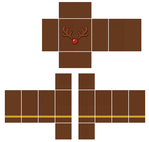 Brown Christmas reindeer hoodie Roblox shirt template with gold cuff trim and a pair of antlers with a red nose on the front
