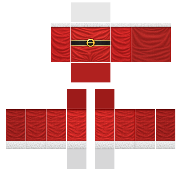 Santa red Christmas workshop suit Roblox shirt template with white fur trim and a black belt with a gold buckle on the front