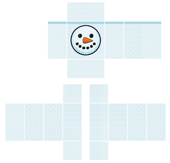 Frost white winter snowman sweater Roblox shirt template with ice blue trim and a snowman face with a carrot nose on the front