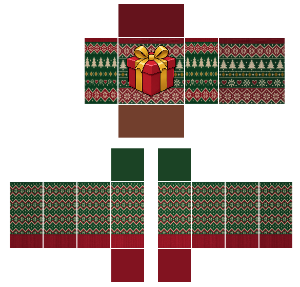 Green ugly Christmas sweater Roblox shirt template with a painted fair-isle knit pattern, red trim, and a wrapped gift emblem on the front