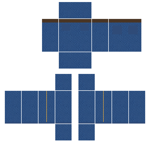 Blue denim jeans Roblox pants template with a brown belt, pockets and gold side stitching, 585x559