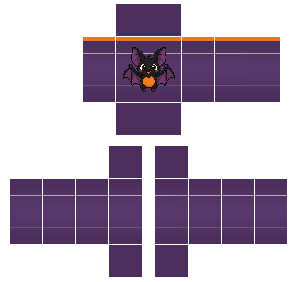 Purple Halloween trick-or-treat hoodie Roblox shirt template with a spooky night gradient, orange trim, and a cute cartoon bat on the front