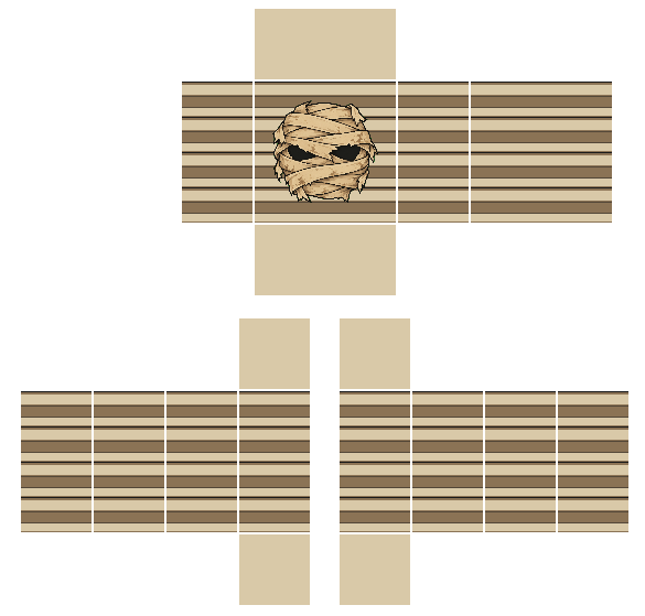 Beige Halloween mummy costume Roblox shirt template wrapped in horizontal bandage bands with a torn eye-gap graphic on the front