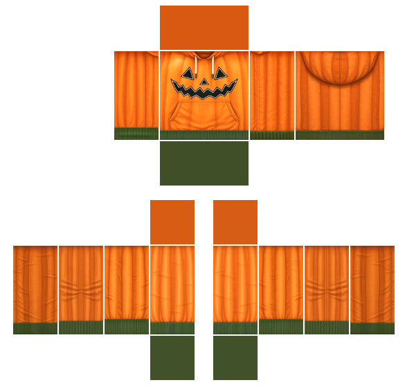Orange Halloween pumpkin hoodie Roblox shirt template with a painted hood on the back, a kangaroo pocket and drawstrings on the front, ridged pumpkin shading, and a carved jack-o'-lantern face above the pocket