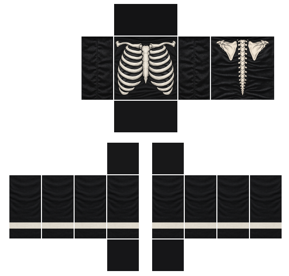 Black Halloween skeleton costume Roblox shirt template with a bone-white ribcage on the front and a spine on the back