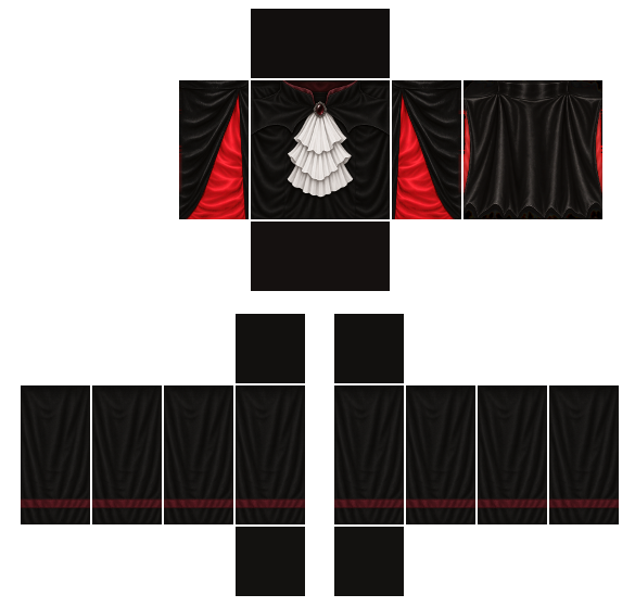 Black Halloween vampire count costume Roblox shirt template with a painted standing collar and cravat on the front and a caped back with red satin lining
