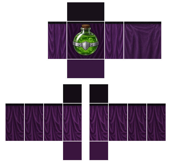 Deep purple Halloween witch's coven robe Roblox shirt template with a glowing green potion bottle emblem on the front