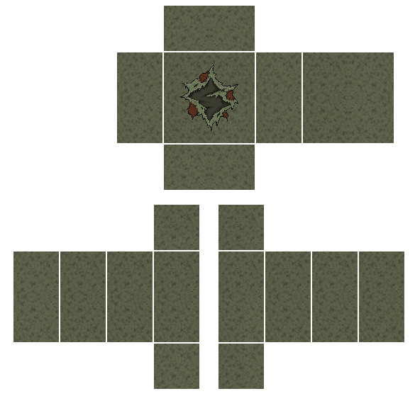 Sickly green Halloween zombie costume Roblox shirt template with a dirt-stained tattered texture and a torn fabric tear graphic on the front