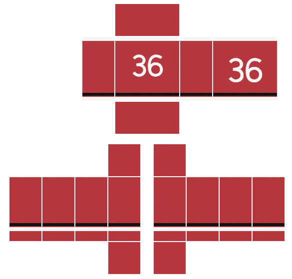 Red sports jersey Roblox shirt template with white number 36 and striped cuffs, 585x559
