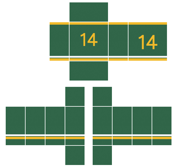 Green sports jersey Roblox shirt template with gold number 14 and gold and white stripes, 585x559