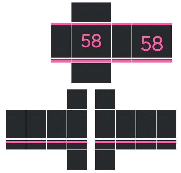 Black sports jersey Roblox shirt template with pink number 58 and pink stripes, 585x559