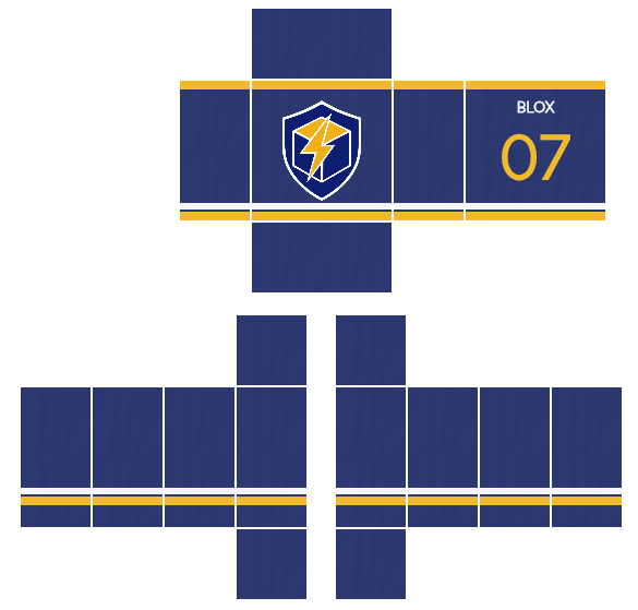 Navy varsity jersey Roblox shirt template with a gold lightning crest on the front, gold and white stripes, and number 07 on the back