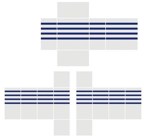 White Roblox shirt template with navy sailor stripes on the body and sleeves, 585x559
