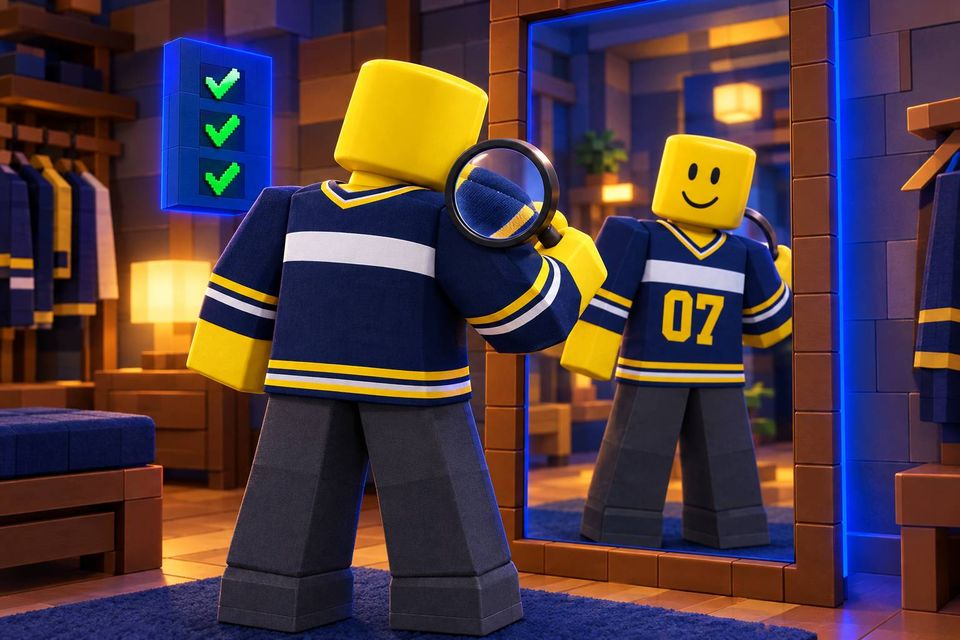 A blocky avatar checking the shoulder seam of its jersey with a magnifying glass