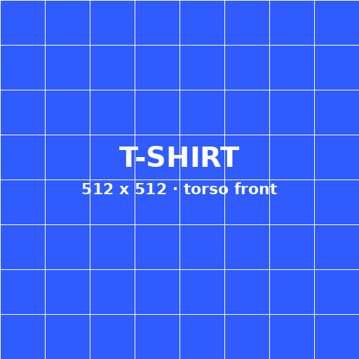 Roblox T-shirt template: a 512 by 512 square with a grid, shown on the torso front